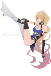Rule 34 | 1girl, absurdres, artist name, asymmetrical footwear, asymmetrical gloves, bare shoulders, bianka durandal ataegina, bianka durandal ataegina (dea anchora), black gloves, black thighhighs, blonde hair, blue eyes, blue shirt, breasts, character name, cleavage, closed mouth, earrings, elbow gloves, fingerless gloves, full body, gloves, highres, honkai (series), honkai impact 3rd, jewelry, long hair, looking at viewer, medium breasts, mismatched footwear, mismatched gloves, ponytail, shirt, simple background, single thighhigh, solo, thighhighs, very long hair, wavy hair, white background, white footwear, zunda kaku