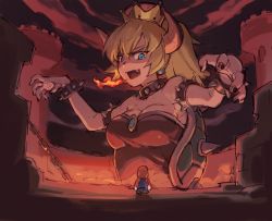 Rule 34 | 1boy, 1girl, blonde hair, blue eyes, bowsette, bracelet, breasts, castle, cleavage, collar, crown, fang, fire, from behind, from below, from side, giant, giantess, giga bowser, grin, highres, horns, jewelry, large breasts, mario, mario (series), lava, nintendo, shell, smile, spiked bracelet, spikes, super crown, tugo