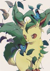 Rule 34 | animal focus, bug, butterfly, commentary, creatures (company), game freak, gen 4 pokemon, grey background, highres, insect, leaf, leafeon, looking to the side, nintendo, no humans, ntakehisa, plant, pokemon, pokemon (creature), sitting, vines, yellow fur