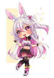 Rule 34 | 1girl, animal ear fluff, animal ears, bare shoulders, black gloves, black skirt, black thighhighs, boots, bow, braid, chain, chibi, commentary, crop top, ear piercing, english commentary, fingerless gloves, full body, gloves, hair between eyes, hair bow, head tilt, headphones, headphones around neck, hyanna-natsu, midriff, multicolored hair, navel, off-shoulder shirt, off shoulder, one side up, original, piercing, pink footwear, pink hair, pleated skirt, rabbit ears, rabbit girl, rabbit tail, red bow, shirt, silver hair, skirt, solo, standing, standing on one leg, star-shaped pupils, star (symbol), streaked hair, symbol-shaped pupils, tail, thighhighs, thighhighs under boots, watermark, white shirt