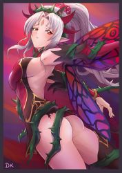 Rule 34 | 1girl, armpits, ass, breasts, deekei, fairy wings, fire emblem, fire emblem heroes, from behind, grey hair, highres, long hair, looking back, nintendo, parted lips, plumeria (fire emblem), pointy ears, ponytail, red eyes, sideboob, solo, thorns, wings