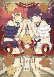Rule 34 | 2girls, absurdres, angel and devil, angel wings, black skirt, blue eyes, blush stickers, closed mouth, commentary, demon wings, dot nose, feet out of frame, frilled shirt, frilled skirt, frills, halo, highres, kurosu aroma, long hair, lying, multiple girls, on side, pretty series, pripara, purple hair, red hair, red ribbon, ribbon, shiratama mikan, shirt, skirt, stuffed animal, stuffed toy, symbol-only commentary, teddy bear, twitter username, uxu uxa axa, very long hair, white shirt, wings, yellow eyes