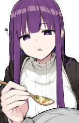Rule 34 | 2girls, black jacket, breasts, commentary request, dress, feeding, fern (sousou no frieren), food, frieren, grey hair, highres, holding, holding spoon, jacket, large breasts, long hair, multiple girls, open clothes, open jacket, open mouth, purple eyes, purple hair, rouka (akatyann), simple background, solo focus, sousou no frieren, spoon, translation request, white background, white dress