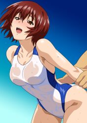 Rule 34 | 1girl, arm grab, blue background, blue one-piece swimsuit, breasts, brown eyes, competition swimsuit, gradient background, highres, implied sex, one-piece swimsuit, open mouth, original, red hair, short hair, simple background, swimsuit, two-tone swimsuit, wet, wet clothes, wet swimsuit, white one-piece swimsuit, yuuyuu (3jjbn)