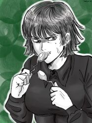 Rule 34 | 1girl, angry, envy, frustrated, fubuki (one-punch man), green background, greyscale, monochrome, one-punch man, psychic, short hair, spoon