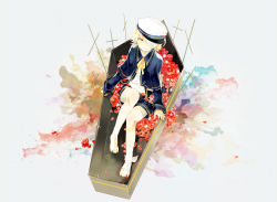 Rule 34 | 1boy, bandage over one eye, barefoot, blonde hair, capelet, coffin, colorful, hat, looking at viewer, male focus, oliver (vocaloid), one eye covered, petals, ribbon, rose petals, semiko (kamibukuro), short hair, shorts, sitting, solo, vocaloid, yellow eyes