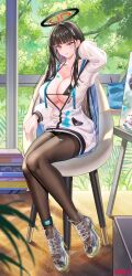 Rule 34 | 1girl, absurdres, asrkty, bikini, bikini top only, black bikini, black hair, blue archive, blush, breasts, brown pantyhose, chair, cleavage, full body, hair ornament, hairclip, halo, highres, jacket, large breasts, legs, long hair, looking at viewer, pantyhose, partially unzipped, red eyes, rio (blue archive), see-through, see-through footwear, shoes, sitting, sneakers, solo, swimsuit, thighs, very long hair, white jacket, zipper