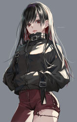 Rule 34 | 1girl, ao+beni, asymmetrical pants, black hair, black jacket, cowboy shot, grey background, hands in pockets, highres, jacket, looking at viewer, multicolored hair, original, pants, red eyes, red hair, red pants, simple background, solo, twitter username, two-tone hair