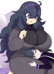 Rule 34 | 1boy, 1girl, absurdres, ahoge, allister (pokemon), black hair, breast rest, breasts, creatures (company), cuteakita, game freak, hairband, hex maniac (pokemon), highres, huge breasts, lap pillow, long hair, nintendo, open mouth, pokemon, pokemon swsh, pokemon xy, purple eyes, thick thighs, thighs