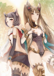 Rule 34 | 10s, 2girls, ;o, animal ears, ass, backless outfit, bare back, belt, breasts, brown eyes, brown hair, butt crack, cape, covered navel, detached sleeves, covered erect nipples, erune, granblue fantasy, grey hair, guranyto, hair ornament, leotard, long hair, looking at viewer, looking back, medium breasts, metera (granblue fantasy), mole, mole under mouth, multiple girls, one eye closed, short hair, siblings, sideboob, sisters, small breasts, smile, stella (granblue fantasy), sutera (granblue fantasy), thighhighs, twintails, undressing