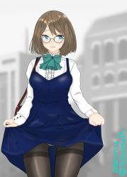 Rule 34 | 1girl, absurdres, alternate costume, bag, bespectacled, black pantyhose, blue dress, blue eyes, blurry, brown hair, building, commentary request, cowboy shot, dated, depth of field, dress, dress shirt, glasses, hair ornament, highres, kantai collection, long sleeves, looking at viewer, maya (kancolle), nitamako (sakamalh), one-hour drawing challenge, outdoors, panties, panties under pantyhose, pantyhose, pantyshot, shirt, short hair, skirt hold, solo, thighband pantyhose, twitter username, underwear, white panties, white shirt, x hair ornament