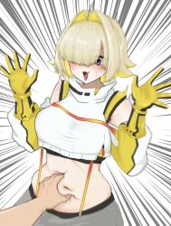 Rule 34 | 1girl, 39zto, ahoge, belly grab, blonde hair, breasts, commentary request, elegg (nikke), gloves, goddess of victory: nikke, grey background, hair intakes, hair over eyes, hand on another&#039;s stomach, highres, large breasts, long bangs, motion blur, multicolored clothes, multicolored gloves, multicolored hair, navel, open hands, open mouth, plump, purple eyes, solo focus, suspenders, sweat, two-tone hair, upper body, white background, yellow gloves