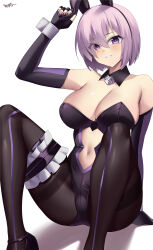Rule 34 | 1girl, absurdres, animal ears, bare shoulders, black leotard, black pantyhose, blush, breasts, cleavage, clothing cutout, detached collar, elbow gloves, fake animal ears, fate/grand order, fate (series), fingerless gloves, gloves, grin, hair over one eye, highleg, highleg leotard, highres, kurozawa yui, large breasts, leotard, light purple hair, looking at viewer, mash kyrielight, nail polish, navel, navel cutout, pantyhose, playboy bunny, purple eyes, purple gloves, rabbit ears, short hair, sitting, smile, solo, thighs, wrist cuffs