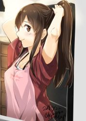 Rule 34 | 1girl, akagi (kancolle), alternate costume, apron, brown eyes, brown hair, commentary request, dated, drawer, holding, holding own hair, kantai collection, kyougoku touya, long hair, looking at viewer, mouth hold, one-hour drawing challenge, pink apron, ponytail, profile, puka puka, red shirt, rubber band, shirt, solo, straight hair, twitter username, upper body