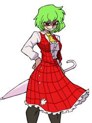 Rule 34 | 1girl, ascot, breasts, commentary, eddybird55555, english commentary, green hair, grin, hand on own hip, highres, holding, holding umbrella, kazami yuuka, long sleeves, looking at viewer, medium breasts, pink umbrella, plaid, plaid skirt, plaid vest, red eyes, red skirt, red vest, ringed eyes, sharp teeth, shirt, short hair, simple background, skirt, smile, solo, teeth, touhou, umbrella, vanripper (style), vest, white background, white shirt, yellow ascot