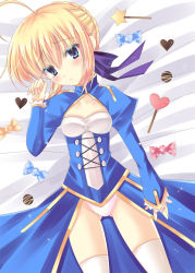 Rule 34 | 1girl, ahoge, artoria pendragon (fate), bad id, bad pixiv id, bitter crown, blonde hair, blue eyes, breasts, candy, dress, fate/stay night, fate (series), food, lollipop, panties, saber (fate), small breasts, solo, underwear, wand