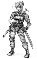 Rule 34 | 1girl, boots, breasts, cosplay, eyepatch, gloves, graphite (medium), greyscale, headgear, horns, imizu (nitro unknown), kantai collection, knee pads, mechanical arms, medium breasts, metal gear (series), metal gear solid v: the phantom pain, monochrome, scar, scar across eye, scar on face, scarf, scarf over mouth, scowl, short hair, single horn, single mechanical arm, solo, suppressor, sword, tenryuu (kancolle), traditional media, translation request, venom snake, venom snake (cosplay), weapon