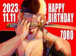 Rule 34 | 1boy, bandana, black bandana, black kimono, fuga si, glint, green hair, happy birthday, highres, holding, holding sword, holding weapon, japanese clothes, kimono, male focus, mouth hold, one piece, pectoral cleavage, pectorals, red background, roronoa zoro, scar, scar across eye, short hair, solo, sword, upper body, veins, veiny arms, weapon, weapon in mouth