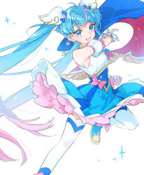 Rule 34 | 1girl, absurdres, ahoge, blue eyes, blue hair, bow, cape, clenched hand, cure sky, detached sleeves, fingerless gloves, gloves, gradient hair, hair ornament, highres, hirogaru sky! precure, long hair, looking at viewer, magical girl, multicolored hair, open mouth, pink bow, pink hair, precure, puffy detached sleeves, puffy sleeves, semi (amimin), simple background, single sidelock, smile, solo, sora harewataru, sparkle, thighhighs, twintails, two-sided cape, two-sided fabric, very long hair, white background, white gloves, wing hair ornament