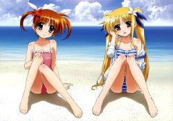 Rule 34 | 2girls, absurdres, arm support, barefoot, beach, bikini, blonde hair, blue eyes, blush, brown hair, casual one-piece swimsuit, cloud, cloudy sky, collarbone, day, fate testarossa, feet, flower, frilled swimsuit, frills, hair flower, hair ornament, highres, long hair, lyrical nanoha, mahou shoujo lyrical nanoha, mahou shoujo lyrical nanoha a&#039;s, multiple girls, official art, okuda yasuhiro, one-piece swimsuit, open mouth, outdoors, pink one-piece swimsuit, red eyes, sand, scan, short hair, sitting, sky, smile, striped bikini, striped clothes, swimsuit, takamachi nanoha, toes, twintails, water