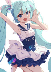 Rule 34 | 1girl, ;d, afnroll, armpits, blue archive, bracelet, center frills, commentary, frills, green eyes, green hair, hair between eyes, halo, hatsune miku, highres, idol, idol clothes, jewelry, long hair, looking at viewer, one eye closed, open mouth, salute, sidelocks, simple background, sleeveless, smile, solo, twintails, vocaloid