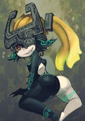 Rule 34 | 1girl, arm support, ass, blonde hair, breasts, colored sclera, female focus, from behind, glowing, grin, helmet, highres, kneeling, looking back, midna, nintendo, one eye covered, pointy ears, ponytail, red eyes, ruu bot, signature, small breasts, smile, solo, the legend of zelda, the legend of zelda: twilight princess, yellow sclera