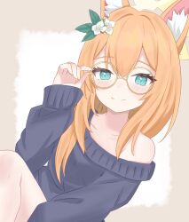 Rule 34 | 1717inamin, 1girl, adjusting eyewear, alternate costume, animal ear fluff, animal ears, bespectacled, blue archive, blue eyes, collarbone, flower, glasses, hair flower, hair ornament, halo, highres, looking at viewer, mari (blue archive), off shoulder, smile, solo, sweater