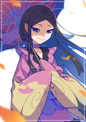 Rule 34 | 1girl, black hair, choker, closed mouth, creatures (company), falling leaves, game freak, highres, holding, holding umbrella, japanese clothes, kimono, leaf, long hair, long sleeves, looking at viewer, nintendo, omochi (omotimotittona3), pink kimono, pokemon, pokemon xy, purple choker, purple eyes, sleeves past fingers, sleeves past wrists, smile, solo, umbrella, valerie (pokemon), white background, wide sleeves
