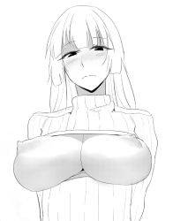 Rule 34 | 1girl, arms behind back, bad id, bad tumblr id, blush, breastless clothes, breasts, breasts out, cleavage cutout, clothing cutout, embarrassed, framed breasts, greyscale, kuso otoko, large breasts, long hair, looking at viewer, meme attire, monochrome, nipples, noccu, open-chest sweater, original, perky breasts, ribbed sweater, shoulder pads, sketch, solo, sweater, turtleneck