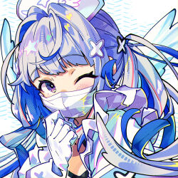 Rule 34 | 1girl, amane kanata, amane kanata (nurse), angel wings, blue hair, blush, close-up, colored inner hair, commentary request, gloves, hair ornament, hand up, highres, hololive, jacket, long hair, looking at viewer, mask, mouth mask, multicolored hair, one eye closed, open clothes, open jacket, portrait, purple eyes, red hair, simple background, solo, streaked hair, surgical mask, two side up, ushiki yoshitaka, virtual youtuber, white background, white gloves, white hair, white jacket, wings, x hair ornament
