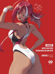 1girl ad antenna_hair arms_note ass back bicep_curl blue_eyes breasts cropped_legs english_text fukai_ryosuke hand_on_own_hip highleg highleg_one-piece_swimsuit highres multicolored_hair one-piece_swimsuit one_eye_closed original ponytail red_background red_hair sharp_teeth sideboob smile solo streaked_hair swimsuit tan teeth white_hair white_wristband wristband