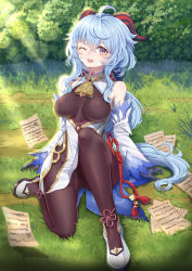 Rule 34 | ahoge, ai hua hua de tianxian baobao, arm support, bare shoulders, bell, black legwear, black leotard, blue gloves, blue hair, blush, bodystocking, bodysuit, bow, breasts, bush, chinese commentary, chinese knot, crotch, detached sleeves, flower knot, ganyu (genshin impact), genshin impact, gloves, gold trim, high heels, highres, horns, knee up, leotard, leotard under clothes, long hair, looking at viewer, medium breasts, multicolored eyes, neck bell, one eye closed, outdoors, paper, red rope, rope, sidelocks, sitting, smile, solo, tassel, thighlet, very long hair, vision (genshin impact), white sleeves