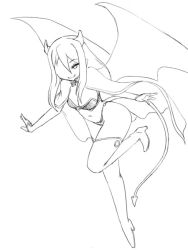 Rule 34 | 1girl, alma elma, ass, boots, camel (dansen), demon tail, female focus, flying, full body, long hair, looking at viewer, mon-musu quest!, monochrome, navel, revealing clothes, smile, solo, tail, thigh boots, thighhighs, thong, very long hair, wide hips, wings
