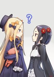 Rule 34 | 2girls, :o, ?, abigail williams (fate), black dress, black hair, blonde hair, blue eyes, bow, commentary request, crossover, dress, eye contact, fate/grand order, fate (series), flat chest, flower, forehead, hair bow, hair flower, hair ornament, hands in opposite sleeves, hat, long hair, looking at another, low ponytail, multiple girls, piripun, princess principal, simple background, stuffed animal, stuffed toy, toudou chise, trait connection
