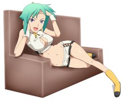 Rule 34 | 1girl, aquarion (series), aquarion evol, bare shoulders, breasts, cleavage, cleavage cutout, clothing cutout, couch, green hair, looking at viewer, midriff, navel, open mouth, purple eyes, short hair, short shorts, shorts, simple background, smile, solo, white background, wrist cuffs, yoshida keiji, zessica wong