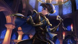 Rule 34 | 1boy, aristocratic clothes, belt, black gloves, blue hair, dark blue hair, deuce spade, game cg, gloves, green eyes, hat, highres, indoors, looking at viewer, mask, masquerade mask, official alternate costume, official art, short hair, solo, twisted wonderland