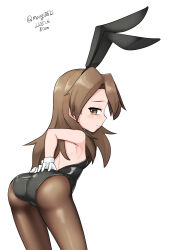 Rule 34 | 1girl, absurdres, animal ears, arashio (kancolle), black leotard, black pantyhose, breasts, brown eyes, brown hair, cowboy shot, dated, from behind, gloves, highres, kantai collection, leotard, long hair, looking at viewer, looking back, maru (marg0613), pantyhose, playboy bunny, rabbit ears, simple background, small breasts, solo, strap slip, twitter username, white background, white gloves