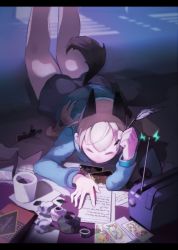 Rule 34 | 1girl, animal ears, blonde hair, closed eyes, cup, drawing (object), eila ilmatar juutilainen, fox ears, fox tail, highres, hood, hoodie, inkwell, letter, letterboxed, long hair, nokusa (pixiv2151406), pen, radio, salmiakki, solo, strike witches, tail, tarot, tissue, tissue box, tonttu, world witches series