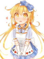 Rule 34 | absurdres, alice (alice in wonderland), alice (alice in wonderland) (cosplay), alice in wonderland, alternate costume, blonde hair, cosplay, gloves, heart, highres, kantai collection, long hair, satsuki (kancolle), simple background, suzushiro (gripen39), twintails, white gloves, yellow eyes