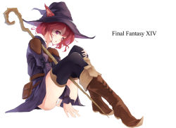 Rule 34 | 10s, 1girl, animal ears, black thighhighs, boots, cat ears, ears through headwear, final fantasy, final fantasy xiv, full body, hat, highres, miqo&#039;te, nanahara fuyuki, panties, purple eyes, red hair, short hair, simple background, sitting, solo, staff, thighhighs, underwear, warrior of light (ff14), white panties, witch hat