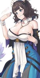 Rule 34 | 1girl, absurdres, arknights, black hair, blue eyes, blue lips, blue nails, blue skirt, blunt bangs, breasts, cleavage, commentary, detached sleeves, dress, hand up, head tilt, highres, jewelry, kjera (arknights), kjera (ingenious servant) (arknights), large breasts, maid, maid headdress, nail polish, necklace, official alternate costume, radioneet, short hair, simple background, skirt, solo, strapless, strapless dress, upper body, white background, white dress, wrist cuffs