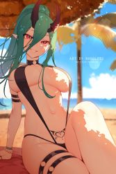 Rule 34 | 1girl, beach, breasts, cleavage, demon girl, demon horns, green hair, hair between eyes, highres, horns, large breasts, leaning back, looking at viewer, nanoless, navel, original, pointy ears, pubic tattoo, red eyes, seductive smile, serena (nanoless), single horn, sitting, skindentation, slingshot swimsuit, slit pupils, smile, solo, swimsuit, tattoo, thick thighs, thigh strap, thighs