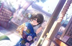 Rule 34 | 1girl, black hair, blue eyes, blue kimono, blurry, blurry background, blush, dutch angle, falling leaves, floral print, hair bun, hatsumoude, idolmaster, idolmaster cinderella girls, idolmaster cinderella girls starlight stage, japanese clothes, kimono, leaf, lens flare, looking at viewer, looking to the side, new year, official art, outdoors, palms together, rope, sagisawa fumika, shimenawa, shrine, shrine bell, single side bun, smile, solo
