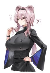 Rule 34 | 1girl, ?, animal ears, arknights, black dress, black eyes, black hairband, breasts, closed mouth, commentary request, dress, grey hair, hair between eyes, hair intakes, hairband, hand on own hip, highres, horn/wood, huge breasts, lin (arknights), long hair, long sleeves, looking at viewer, mouse ears, mouse girl, playing with own hair, simple background, solo, spoken question mark, upper body, white background, wide sleeves