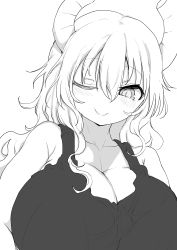 Rule 34 | 1girl, ;), absurdres, bare arms, bare shoulders, blush, breasts, cleavage, closed mouth, collarbone, colored eyelashes, cool-kyou shinja, curly hair, curvy, dragon girl, dragon horns, greyscale, hair between eyes, half-closed eye, highres, horns, huge breasts, kobayashi-san chi no maidragon, long hair, looking at viewer, lucoa (maidragon), monochrome, no bra, one eye closed, parted hair, raised eyebrows, simple background, slit pupils, smile, solo, split mouth, tank top, upper body, white background, wrinkled skin