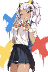 Rule 34 | 1girl, ;d, bag, blue eyes, blue skirt, blunt bangs, claw pose, cloba, commentary request, grin, hair ornament, hairclip, highres, kaguya luna, looking at viewer, medium hair, multicolored nails, nail polish, one eye closed, open mouth, pleated skirt, school uniform, shirt, short sleeves, silver hair, skirt, smile, solo, tan, teeth, the moon studio, twintails, virtual youtuber, white shirt, wristband