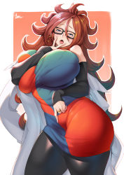Rule 34 | 1girl, alternate breast size, android, android 21, ass, asymmetrical clothes, bare shoulders, black-framed eyewear, blue dress, blue eyes, blush, breasts, brown hair, come hither, cunnilingus gesture, detached sleeves, dragon ball, dragon ball fighterz, dress, earrings, fingernails, gigantic breasts, glasses, hoop earrings, huge breasts, ion (cation), jewelry, lab coat, long fingernails, long hair, looking at viewer, multicolored clothes, multicolored dress, naughty face, open mouth, pantyhose, red dress, sharp fingernails, shiny clothes, skin tight, solo, thighs, tongue, tongue out, very long hair, wide hips
