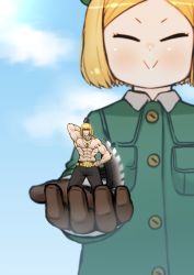 Rule 34 | 1boy, 1girl, :&gt;, axe, belt, black pants, blonde hair, blue sky, blurry, blurry background, blush, brown gloves, closed eyes, closed mouth, coat, commentary request, day, depth of field, fate/grand order, fate (series), giant, giantess, gloves, green coat, green hat, grin, hand on own hip, hat, highres, holding, holding weapon, long sleeves, looking at viewer, muscular, outdoors, pants, parted bangs, paul bunyan (fate), rei (rei rr), sakata kintoki (fate), short hair, sky, smile, sunglasses, topless male, weapon