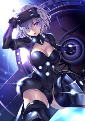 Rule 34 | 1girl, armor, armored dress, black armor, black leotard, breasts, cleavage, cleavage cutout, clothing cutout, commentary request, fate/grand order, fate (series), gloves, greaves, hair over one eye, heirou, holding, holding shield, large breasts, leotard, light purple hair, looking at viewer, mash kyrielight, open mouth, mash kyrielight (ortenaus), pauldrons, purple eyes, purple hair, shield, short hair, shoulder armor, solo, thighhighs, thighs, visor