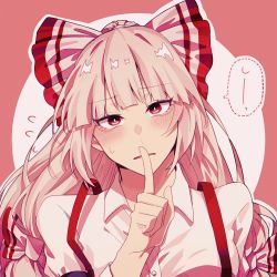 Rule 34 | 1girl, absurdres, blunt bangs, blush, bow, buttons, collared shirt, commentary request, finger to mouth, flying sweatdrops, fujiwara no mokou, hair bow, highres, long hair, long sleeves, looking at viewer, ponytail, portrait, red eyes, shirt, shushing, solo, somei ooo, suspenders, touhou, two-tone bow, upper body, white hair, white shirt, wing collar